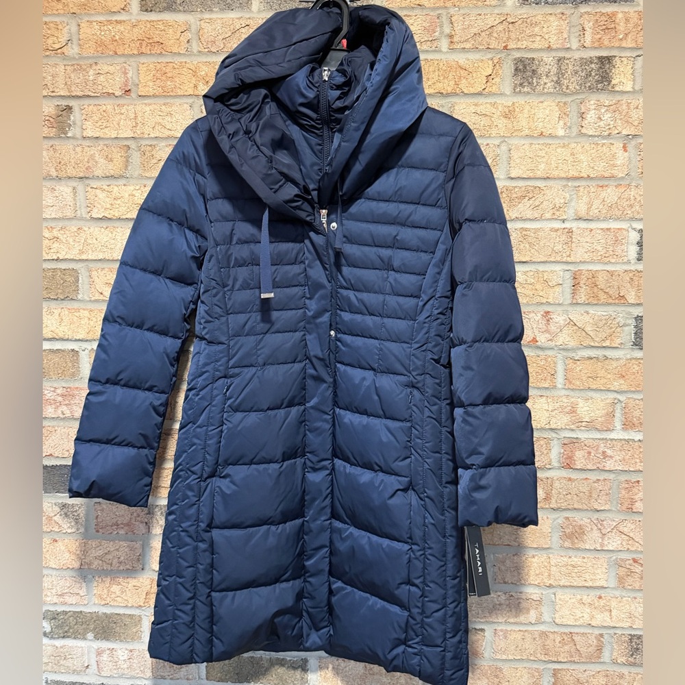 Tahari Navy Quilted Long Puffer Coat